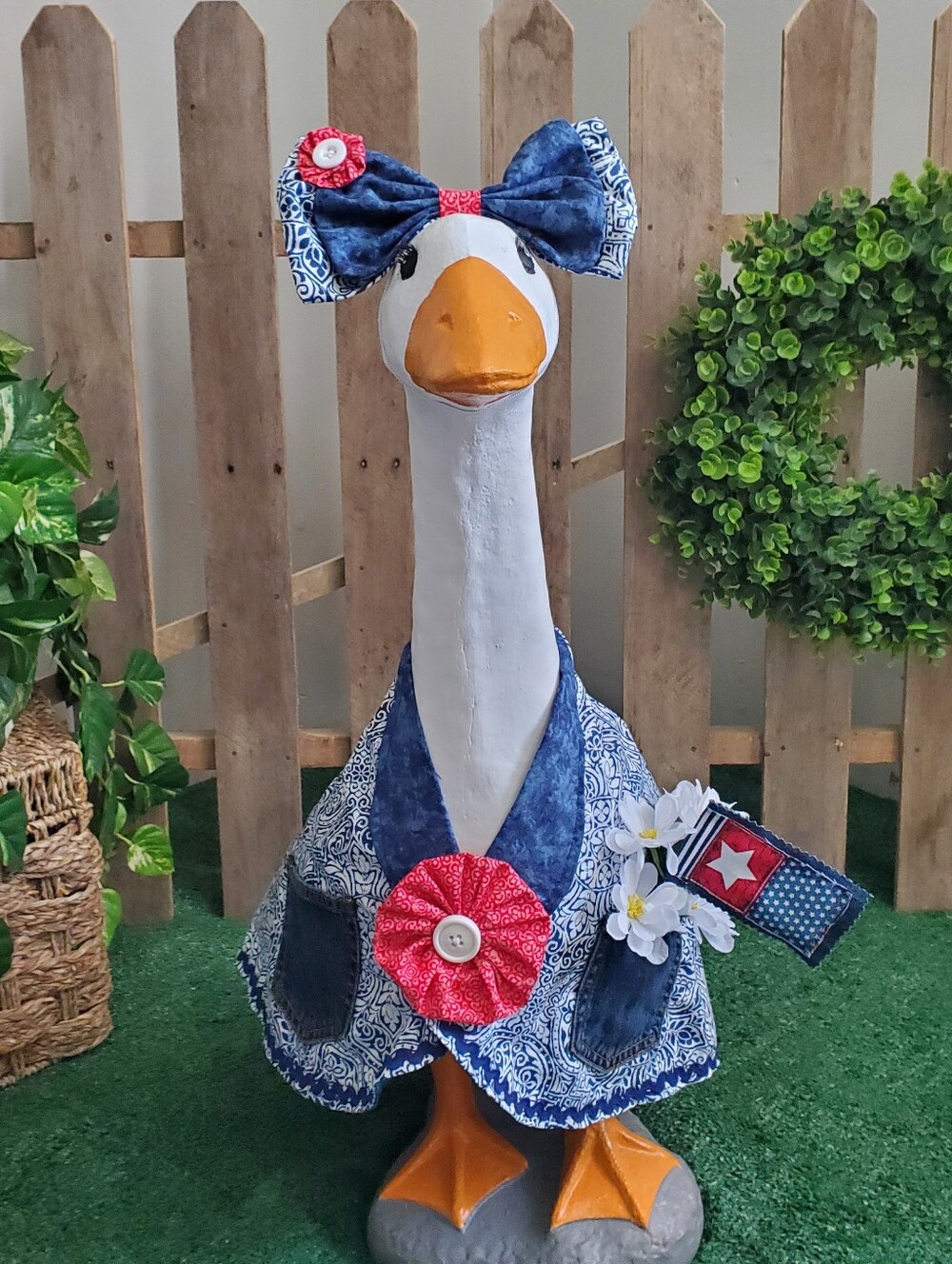 Larger Concrete Porch Goose Outfit Red, White,Blue